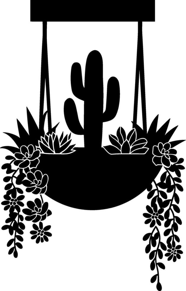 A black and white silhouette of a hanging cactus vector