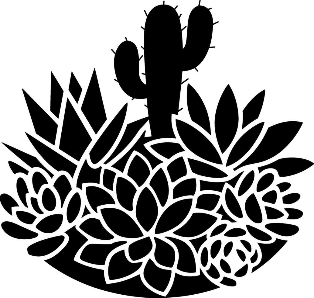 A black and white silhouette of a cactus and succulents vector