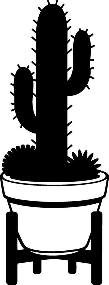 A cactus plant in a pot is shown in black and white vector