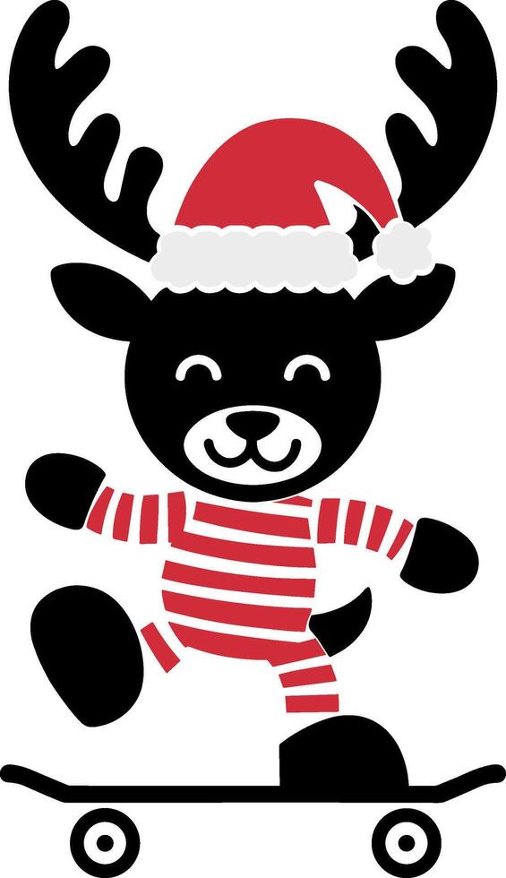 A cartoon deer wearing a santa hat riding a skateboard vector
