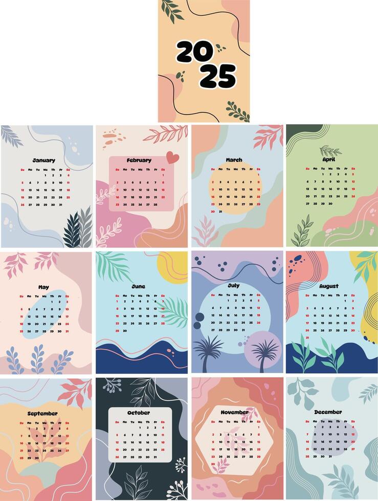SET OF CALENDAR 2025 PRINTABLE WITH FLORAL DECORATIVE ABSTRACT BACKGROUNDS AND CORAL COLORS vector