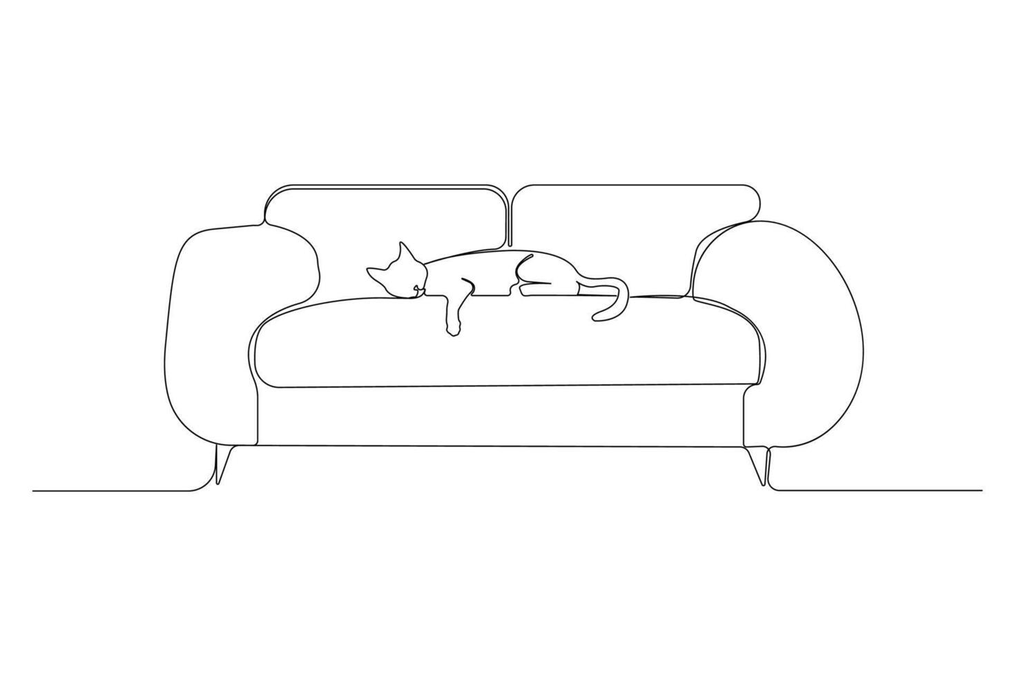 Hand-drawn cat sleeping on sofa continuous one-line art drawing. Couch outline illustration. vector