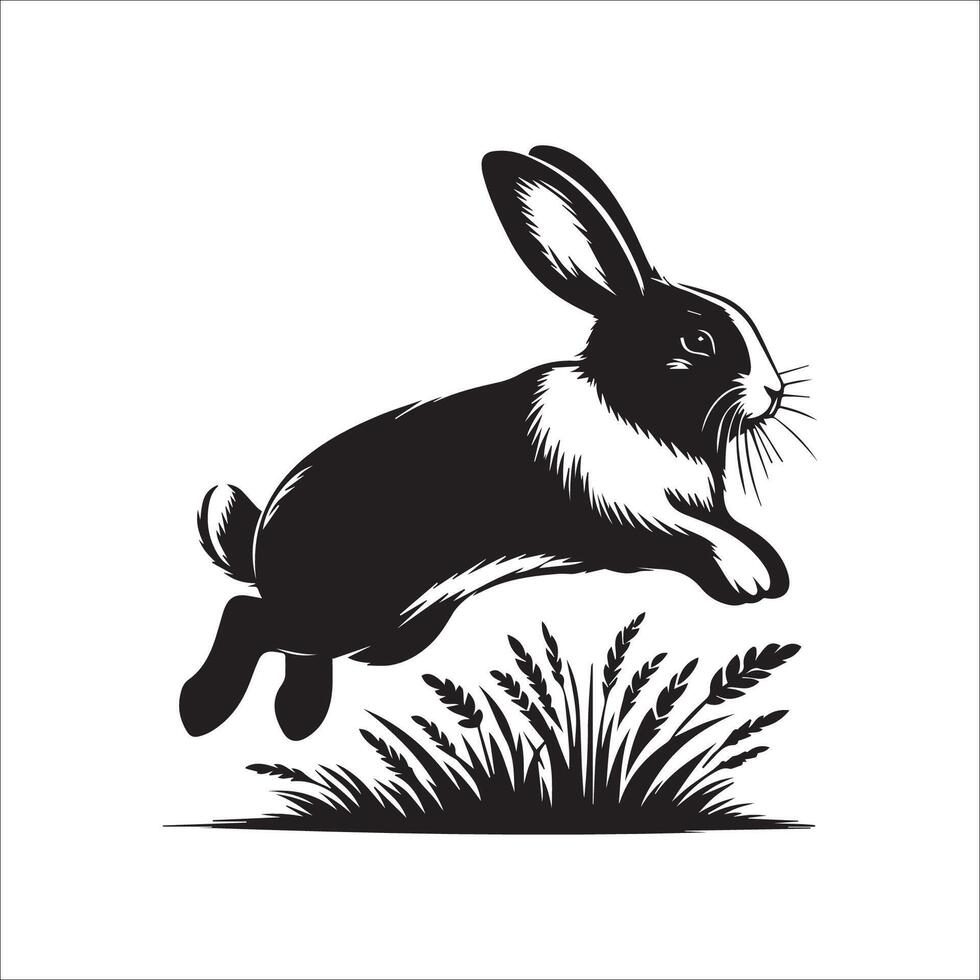 Black and white rabbit jumping silhouette. Bunny icon. vector
