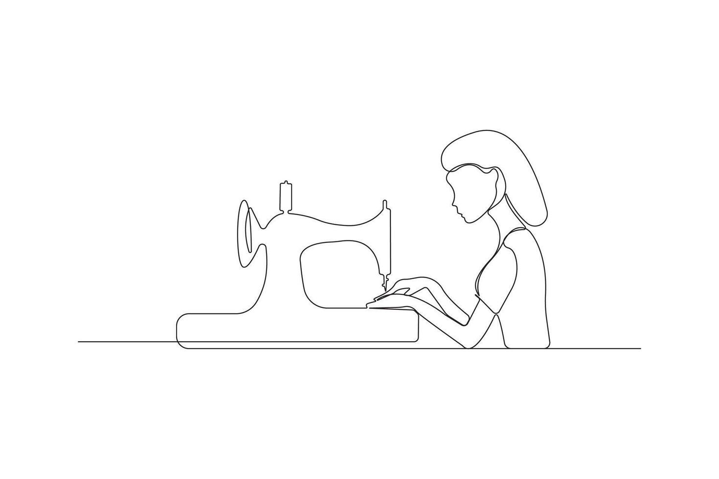 Continuous single-line art drawing of girl using sewing machine. Old sewing machine outline isolated on white background. vector