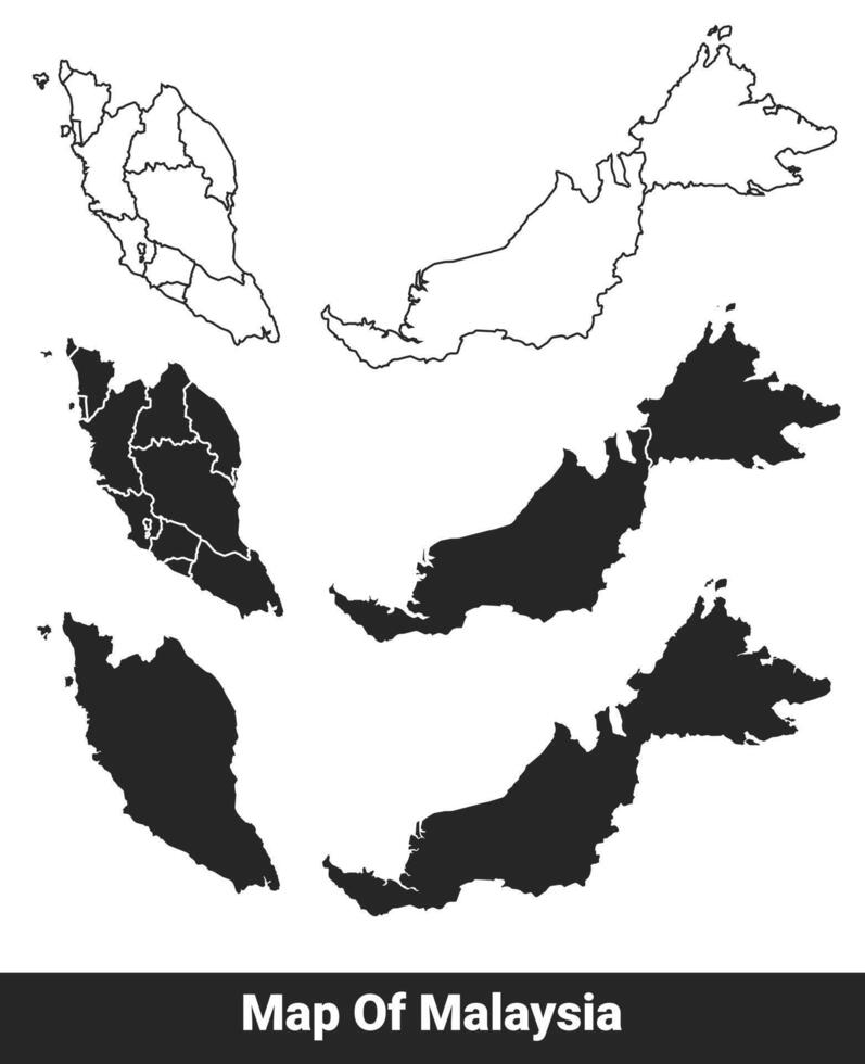 Black map of Malaysia flat and outline style illustration set vector