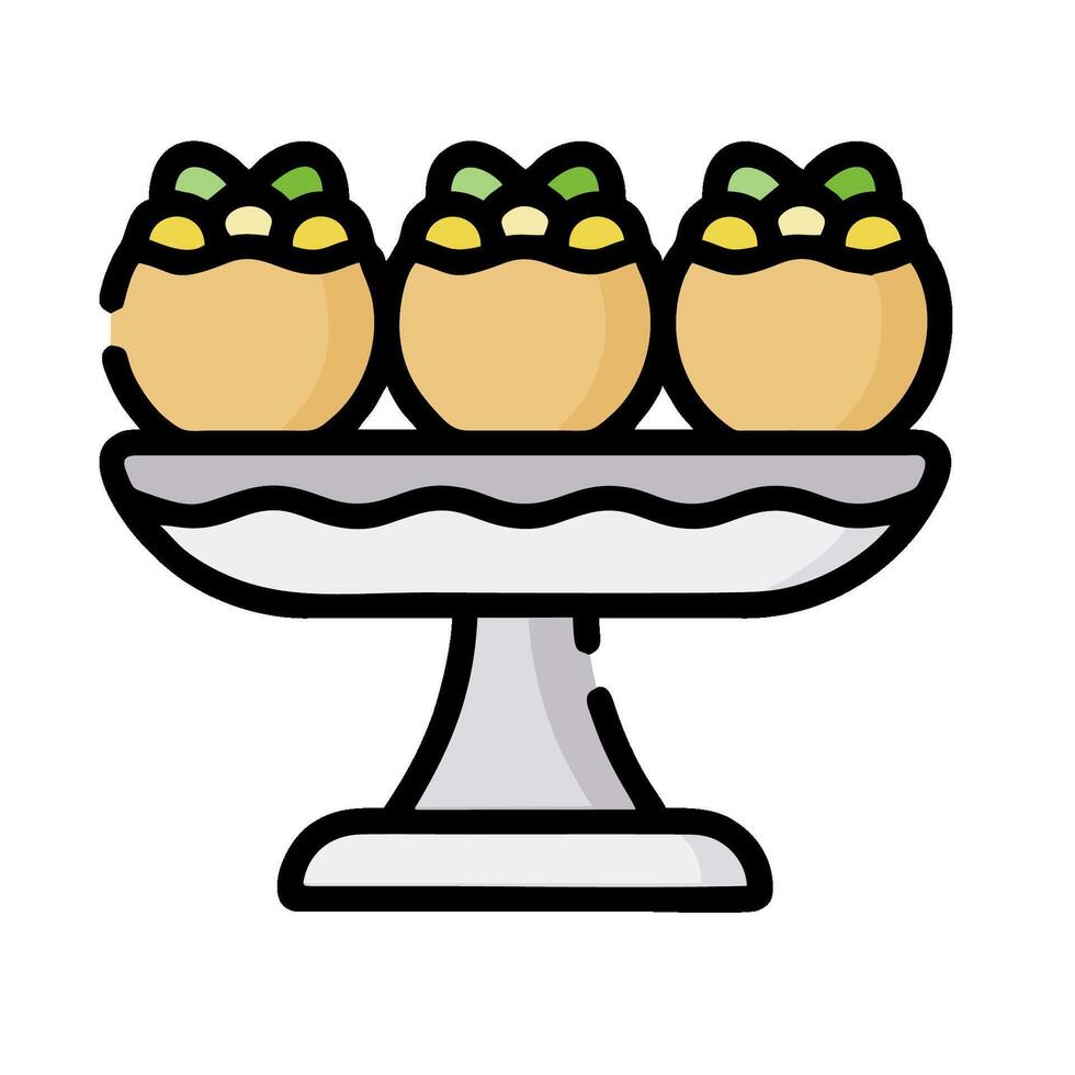 Three eggs on a cake stand with a green leaf vector
