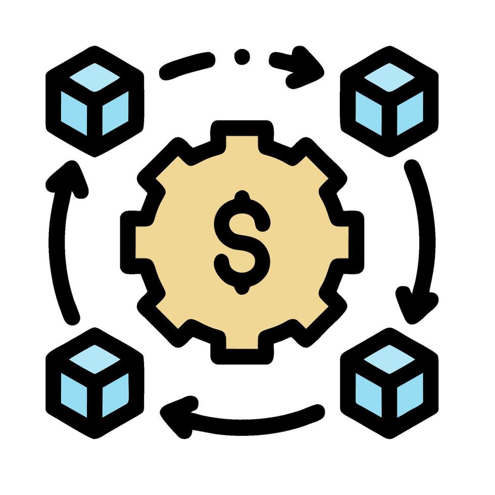 A dollar sign surrounded by boxes and a gear vector