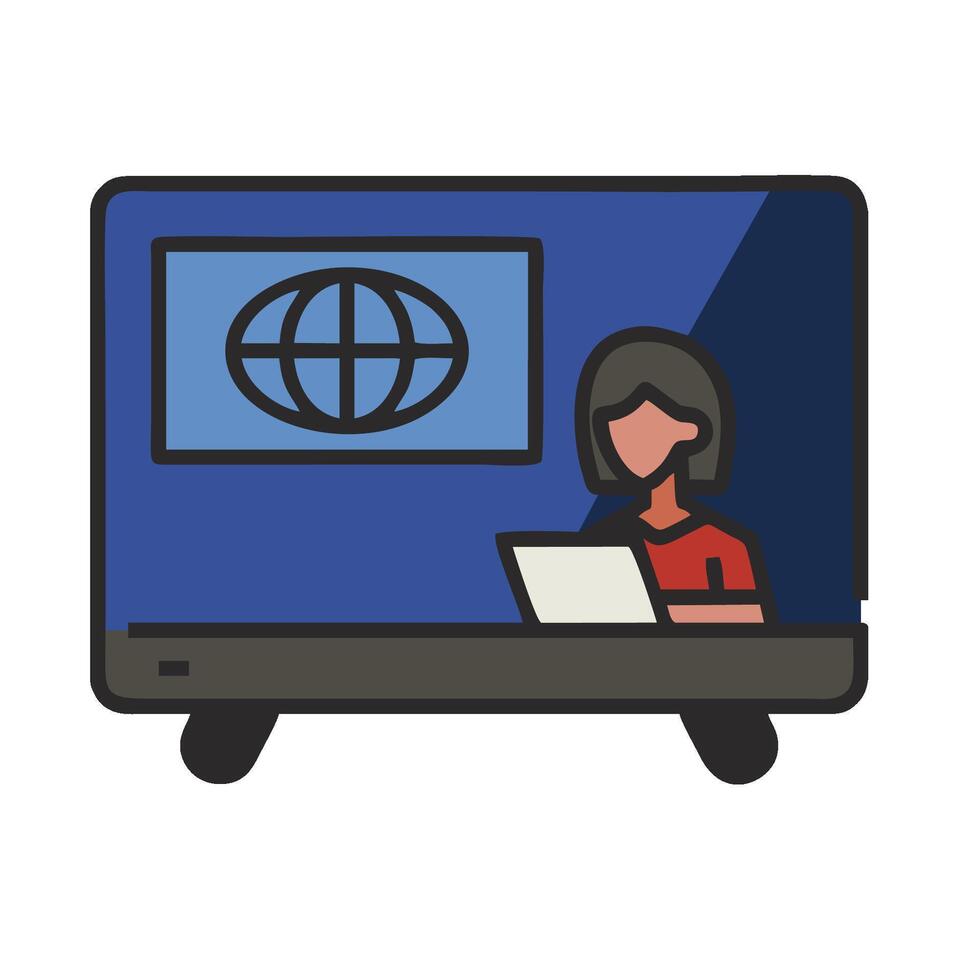 A woman is sitting in front of a computer screen with a globe on it vector