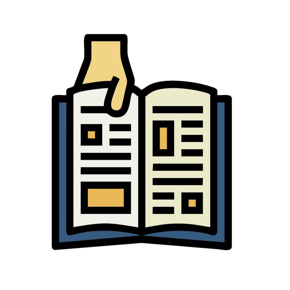 A hand is holding an open book with a finger pointing at it vector