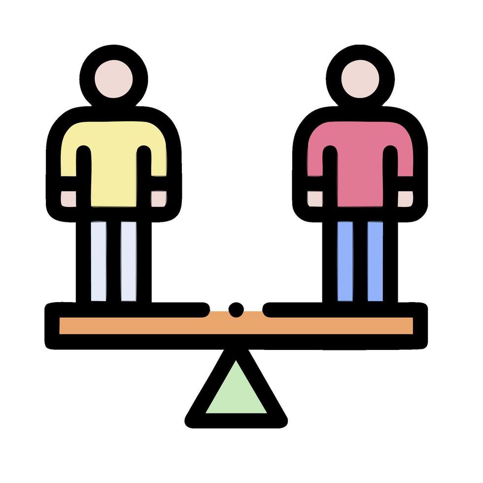 Two people standing on a seesaw, one holding a triangle vector
