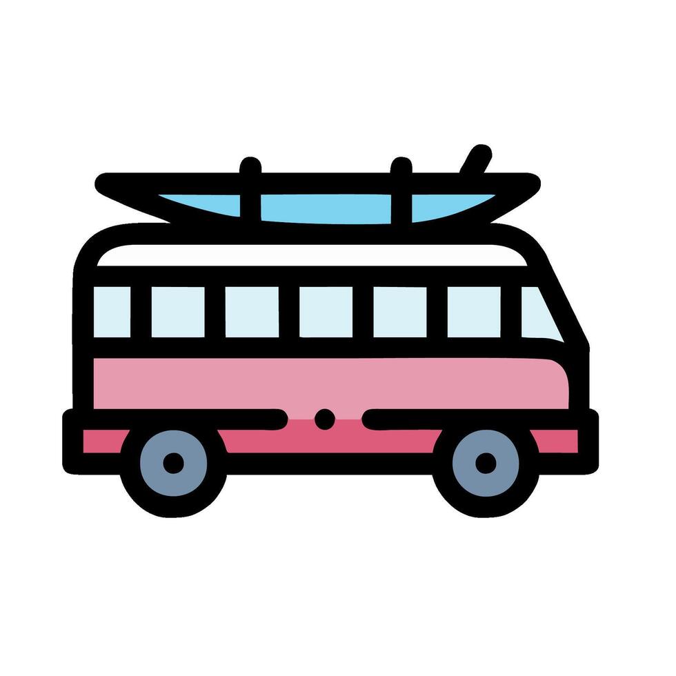 A pink bus with a surfboard on top vector