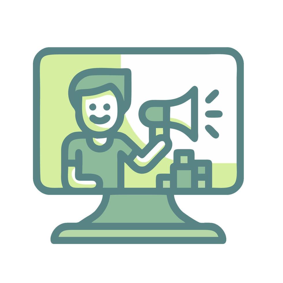 A man is holding a megaphone in front of a computer screen vector