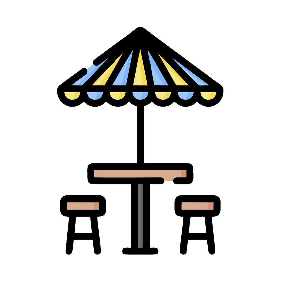 A restaurant table and chairs under an umbrella vector