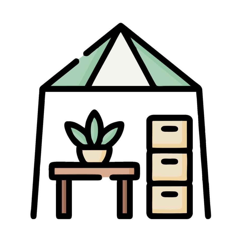 A tent with a desk and plant inside vector