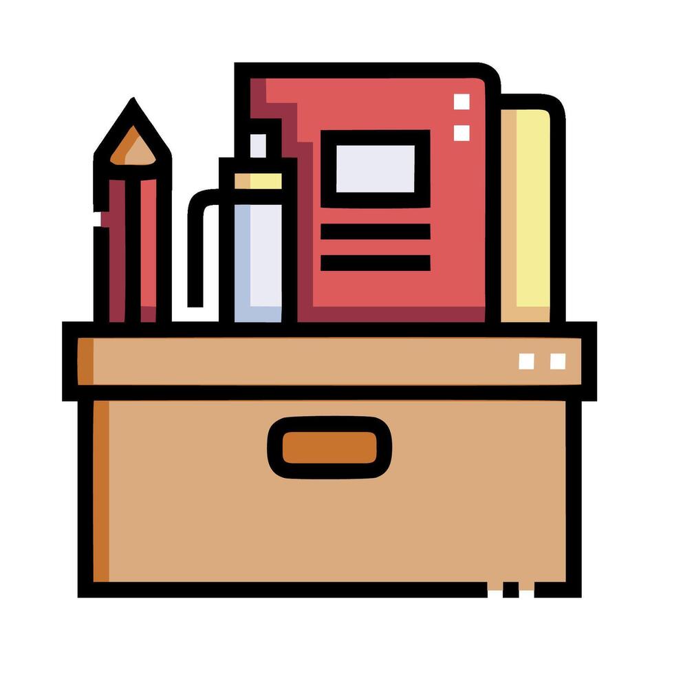 A box with books and pencils on top vector