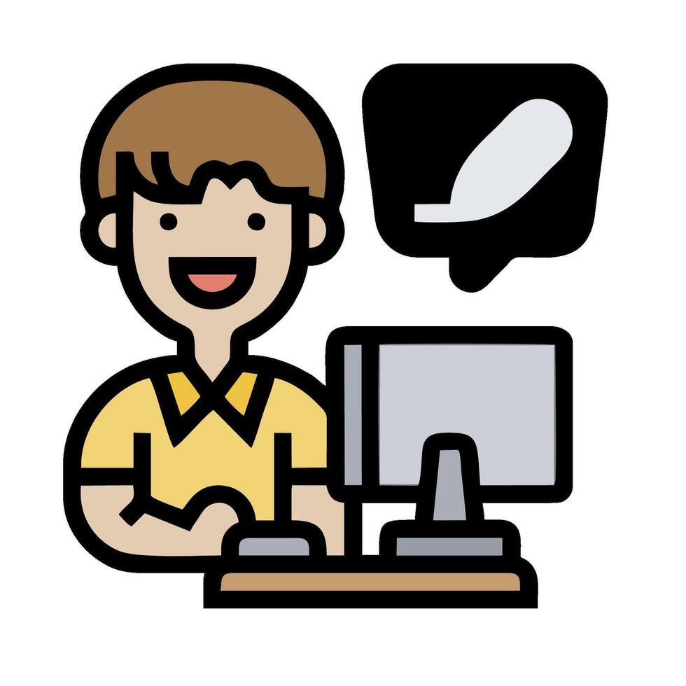 A man is sitting at a computer with a speech bubble vector