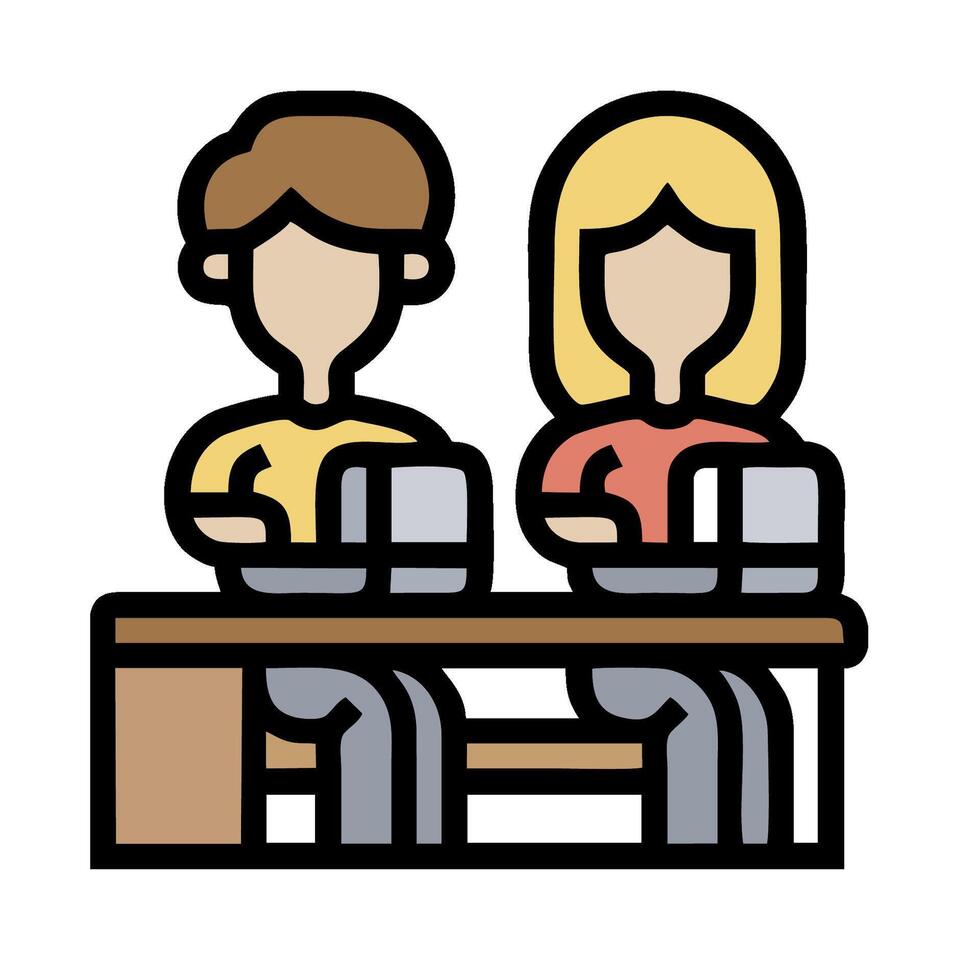 Two people sitting at a table with a laptop vector