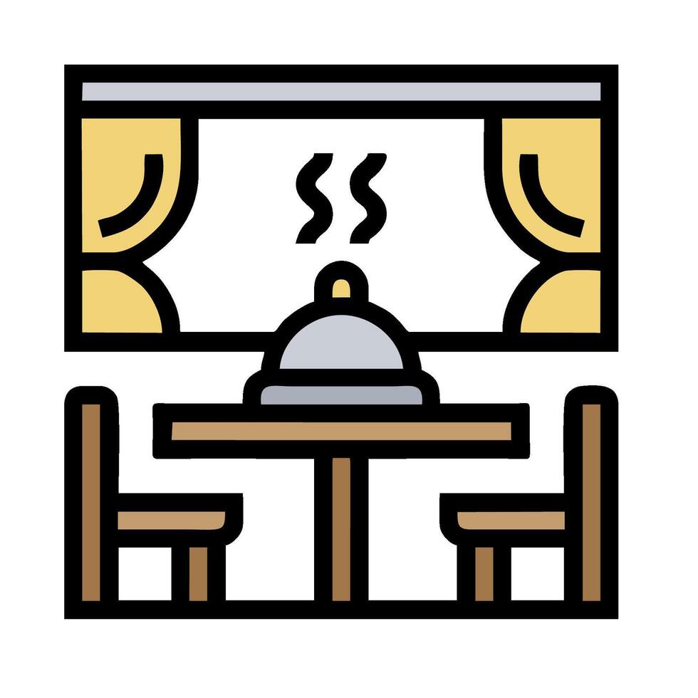 A restaurant table and chairs with a table and a window vector