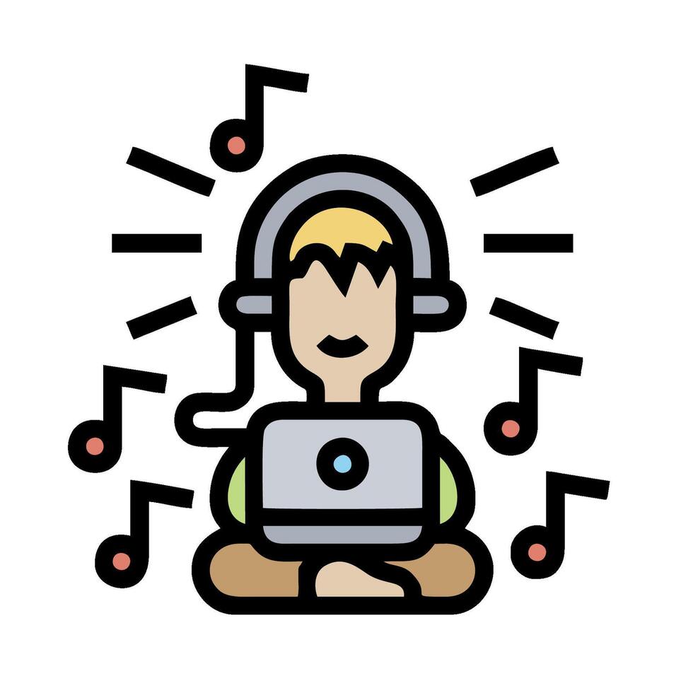 A person with headphones and a laptop is sitting in front of music notes vector