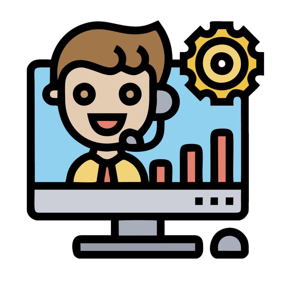 A cartoon man in a headset on a computer screen vector