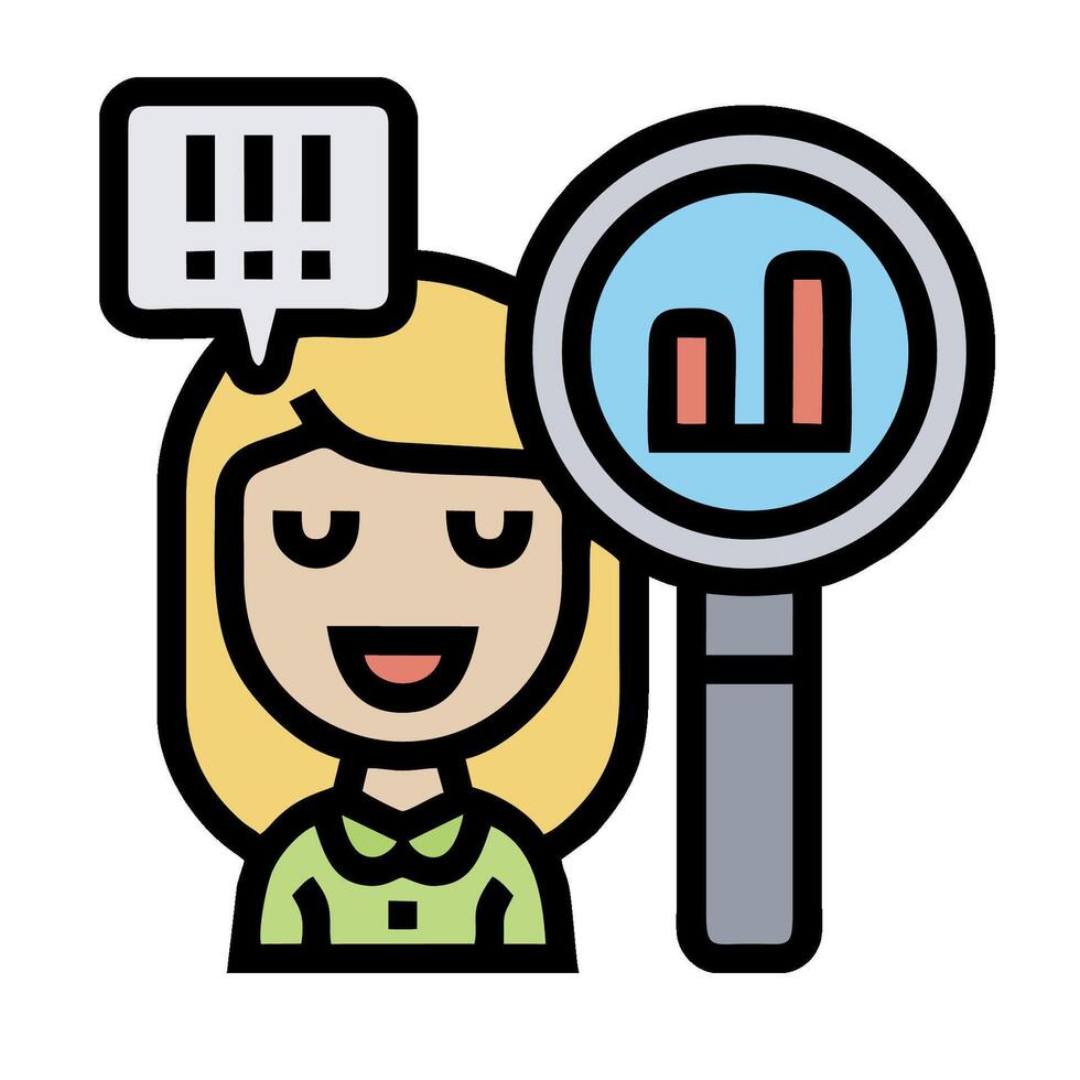 A cartoon woman holding a magnifying glass and a chart vector