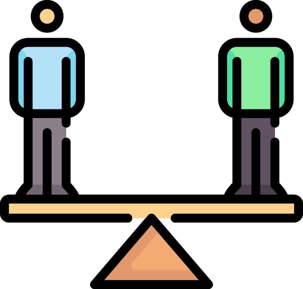 Two people standing on a seesaw, one is standing on the top and the other is standing vector