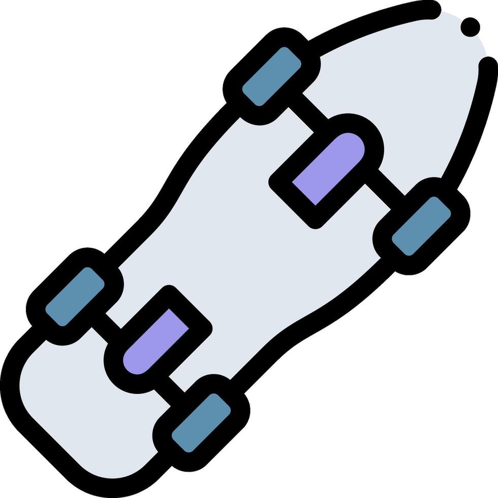 A skateboard is shown in a flat line vector