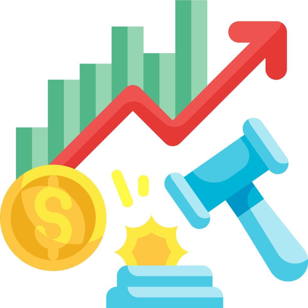 A gavel and dollar coin are next to an upward graph vector