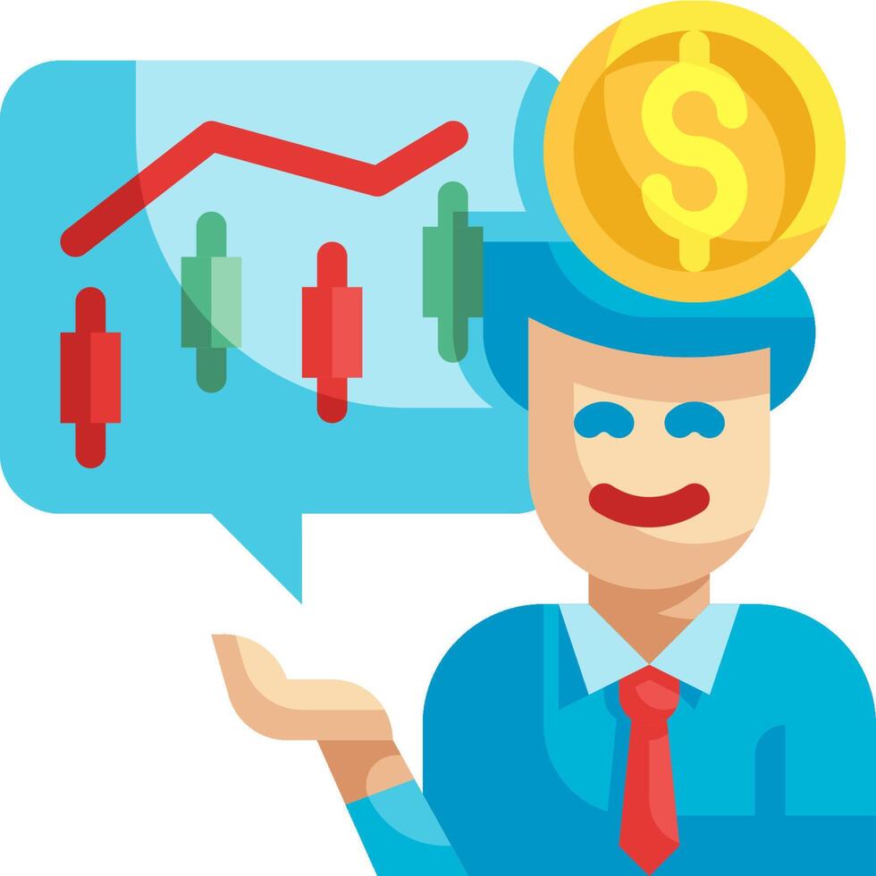 A cartoon man with a dollar coin on his head and a speech bubble with a chart vector