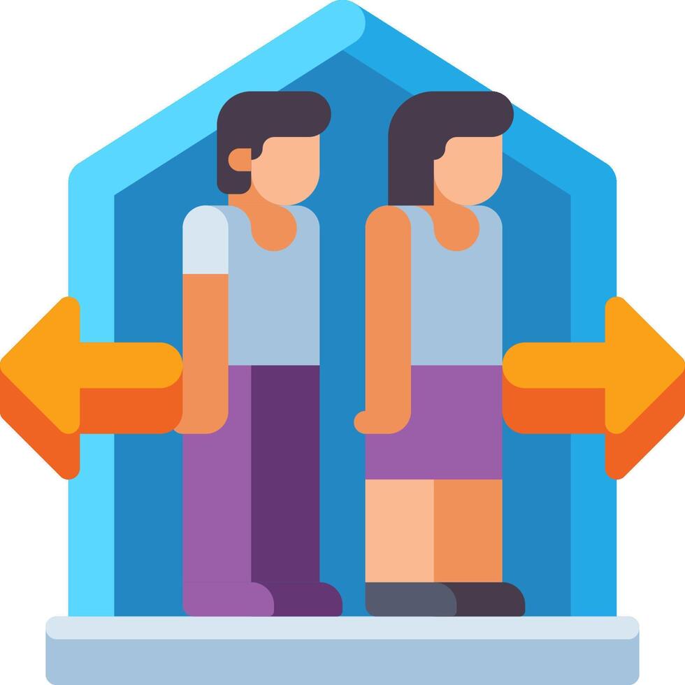 Two people standing in front of a house with an arrow pointing to the left vector