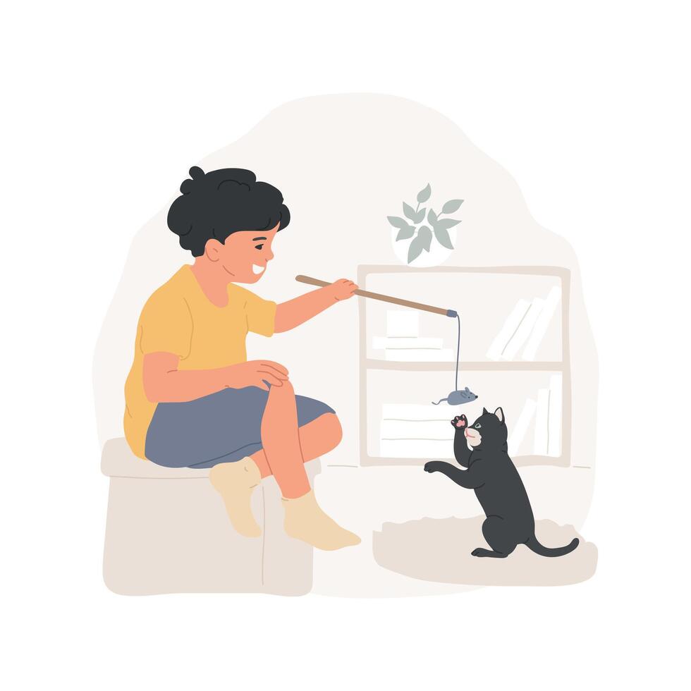 Playing with a cat isolated cartoon illustration. vector