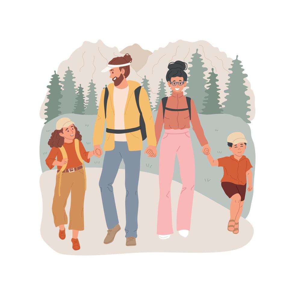 Family hiking isolated cartoon illustration. vector