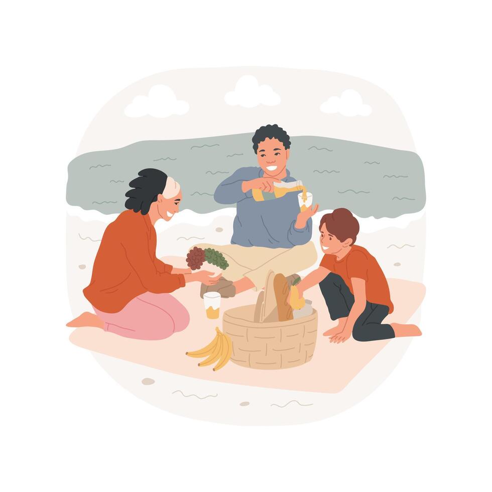 Picnic on seashore isolated cartoon illustration. vector