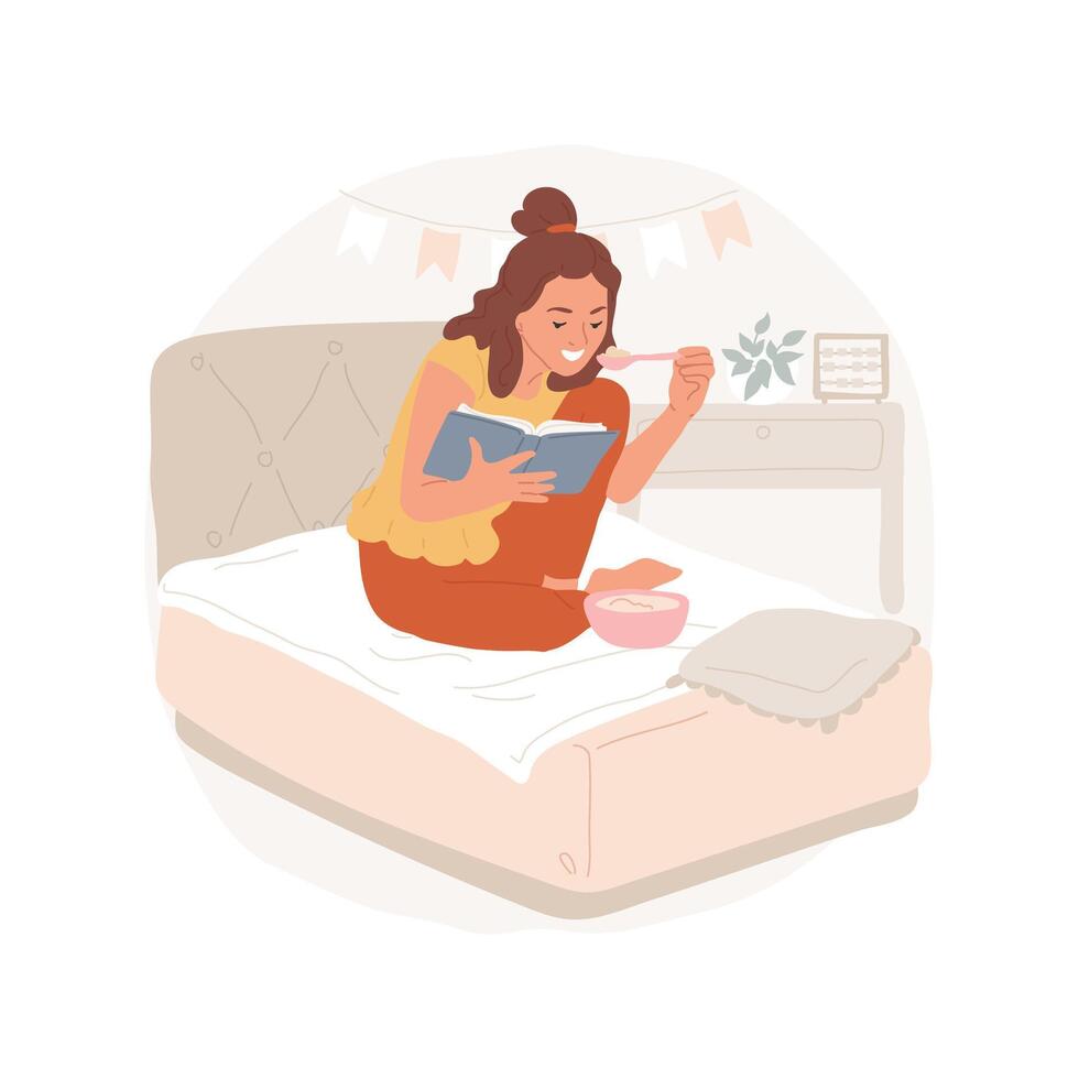 Eating in bed isolated cartoon illustration. vector