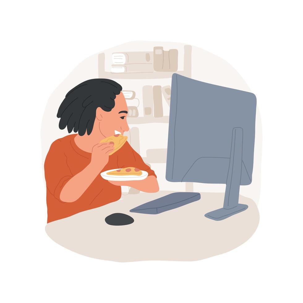 Eating in front of computer isolated cartoon illustration. vector