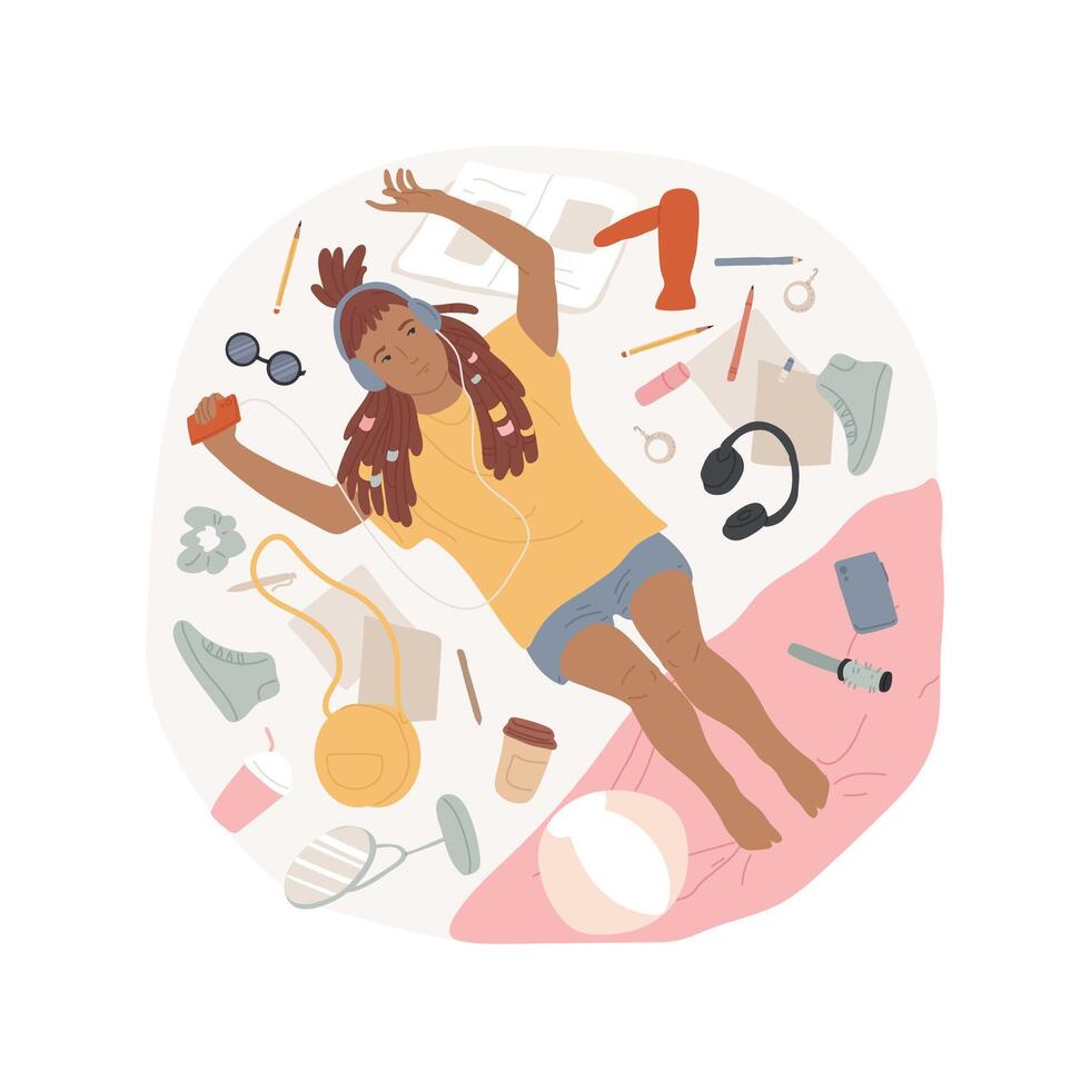 Mess in a bedroom isolated cartoon illustration. vector