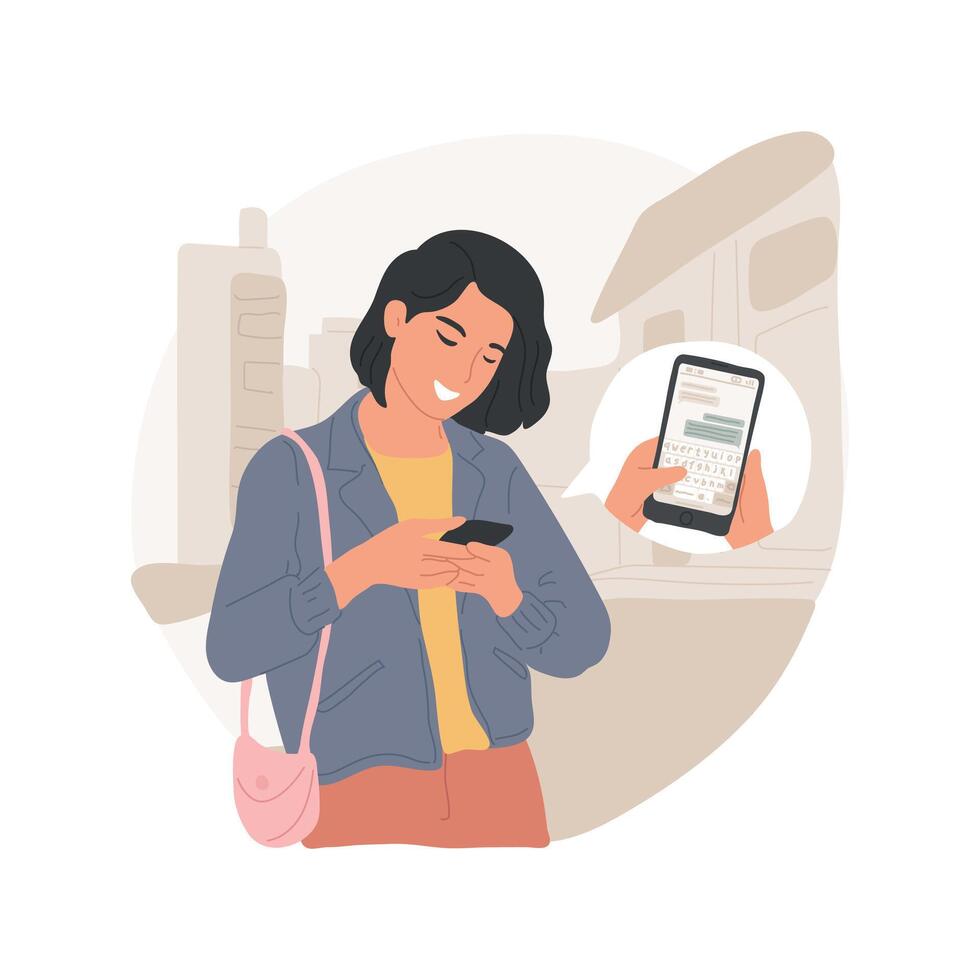 Texting on the way isolated cartoon illustration. vector