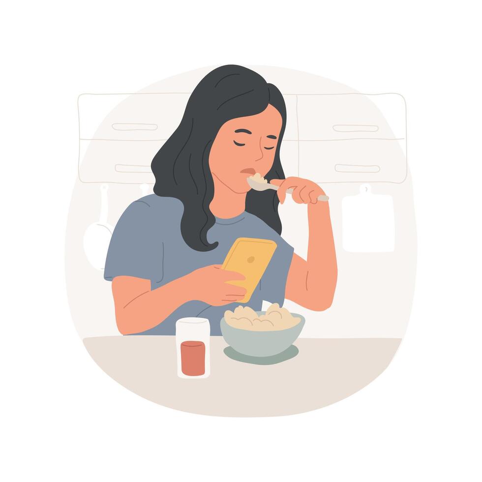 Scrolling while eating isolated cartoon illustration. vector