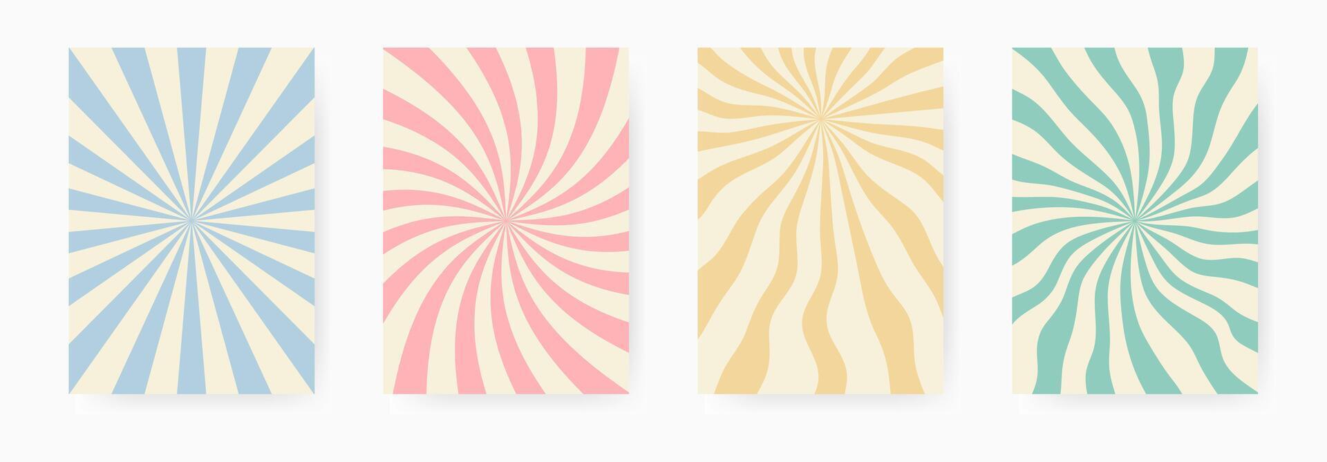 Wavy sunburst background with vintage Y2K aesthetic poster set. Groovy psychedelic abstract sun rays. Flat illustration vector