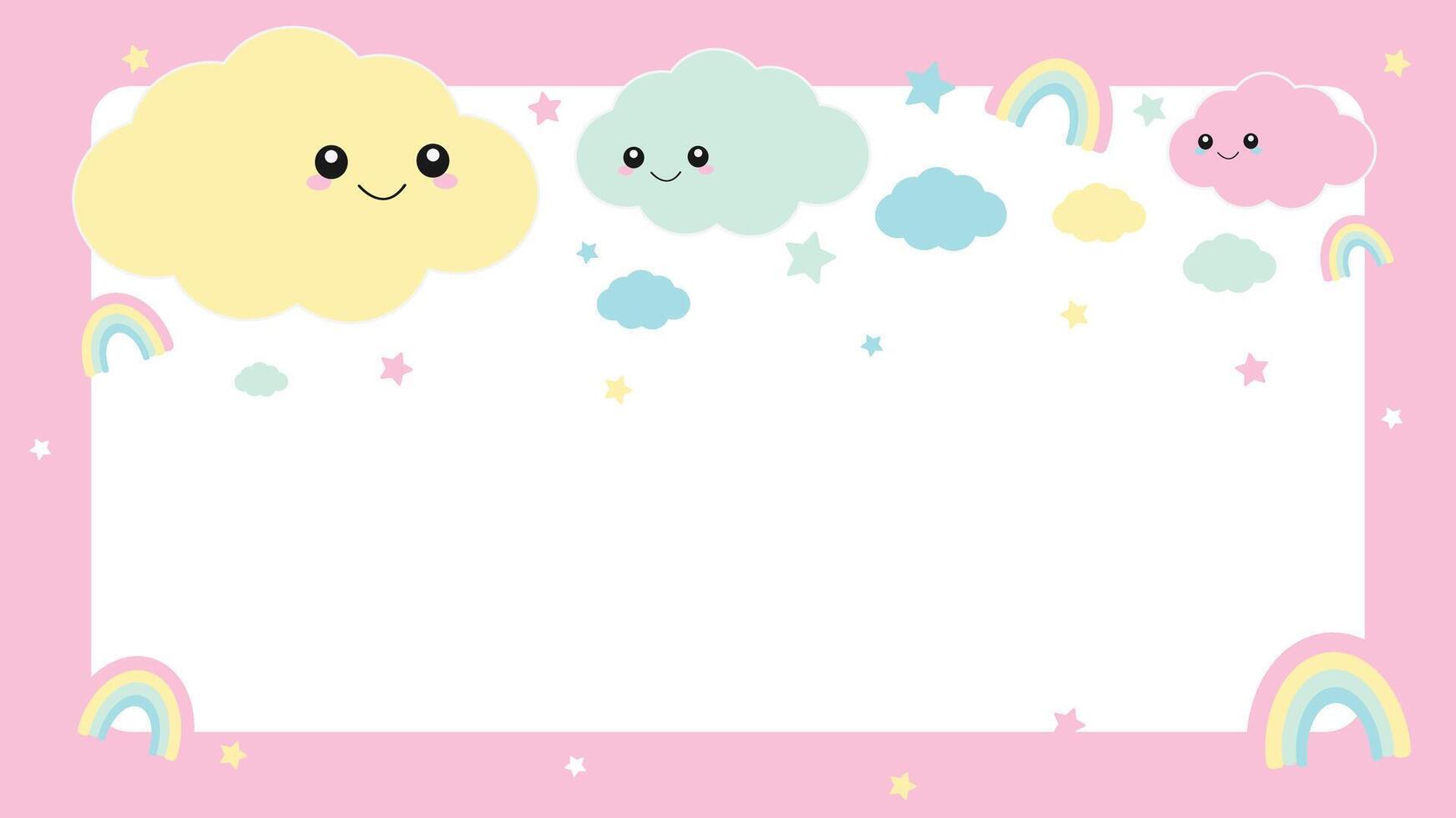 A cute cloud and rainbow border with a pink background vector