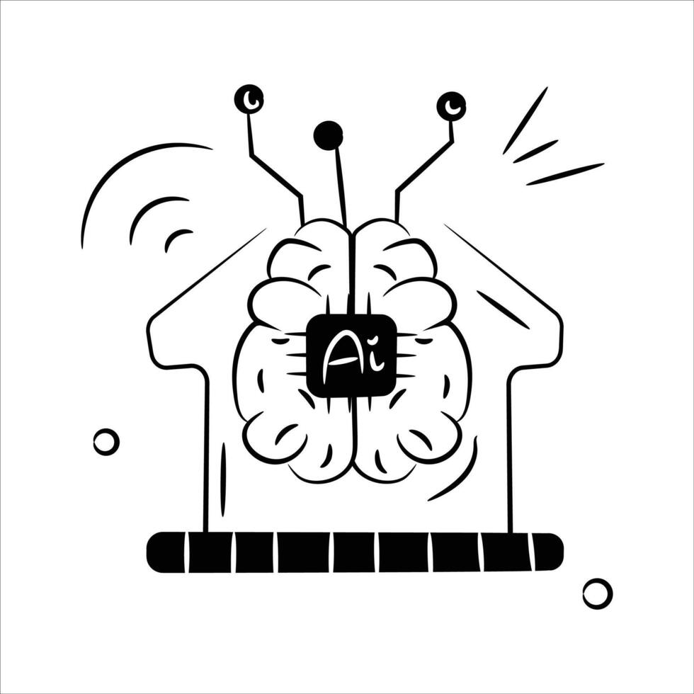 A brain with nodes and a processing unit, symbolizing neural processing through artificial intelligence vector