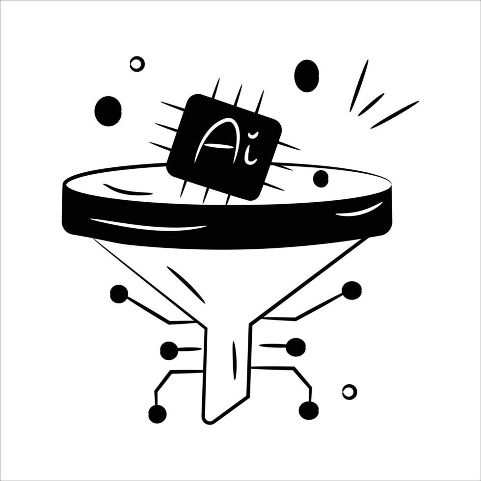 A funnel with an AI chip, representing data filtering and processing through AI systems vector