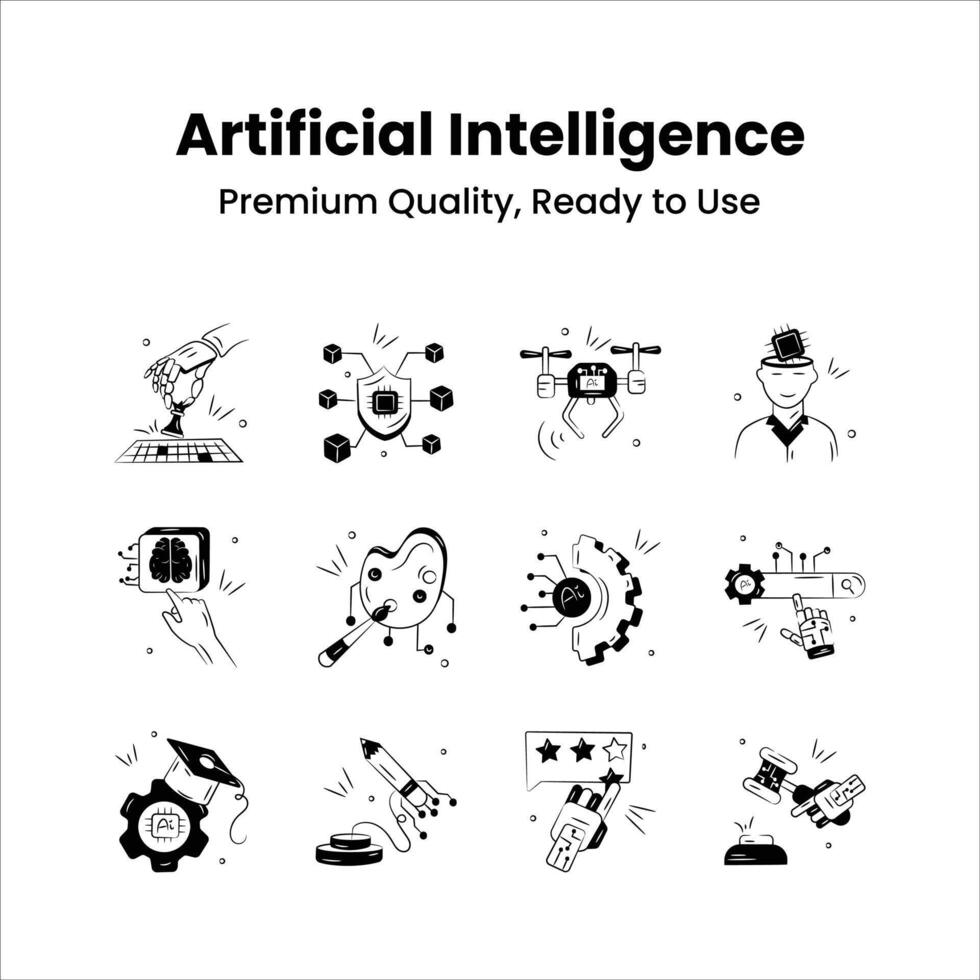 Collection of artificial intelligence icons in trendy doodle style vector