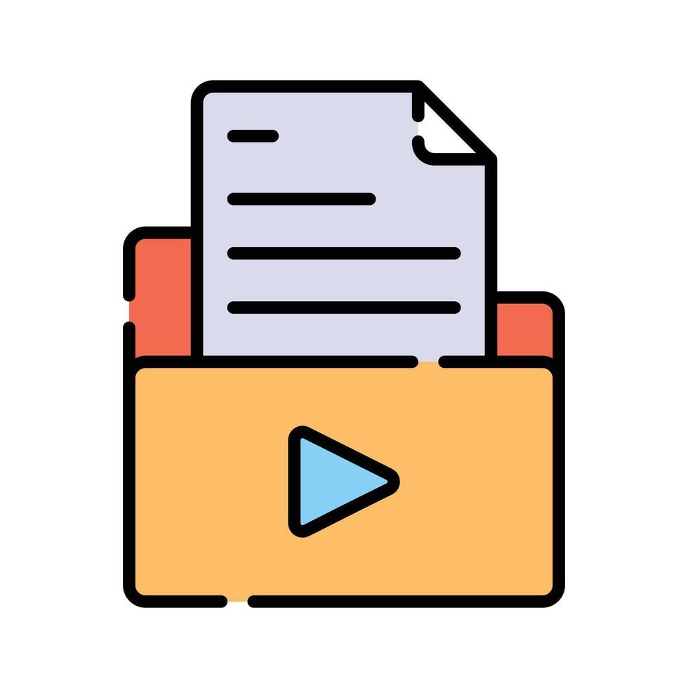 A folder with documents and a play button, indicating media files vector
