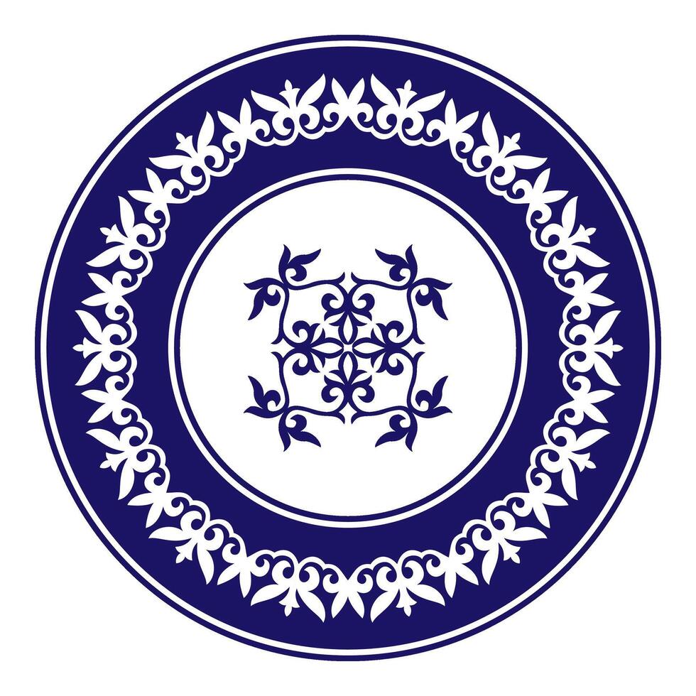 Blue round Kazakh national ornament. Ethnic pattern of the peoples of the Great Steppe, Kazakh, Mongols, Kyrgyz, Kalmyks, Buryats. circle, frame border. For sandblaster vector