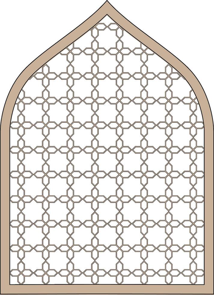 Arabic or Islamic window shape with mashrabiya pattern. Arabic door frame. Islamic arhitecture elements of window and door and mashrabiya pattern. Geometric girikh pattern, silhouette Arabic arch. vector