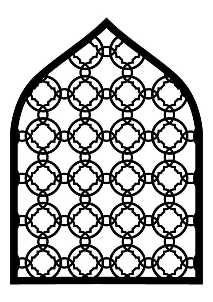Arabic or Islamic window shape with mashrabiya pattern. Islamic arhitecture element of window, door, mashrabiya pattern. Template girikh pattern, silhouette Arabic arch. CNC pattern, laser cutting vector