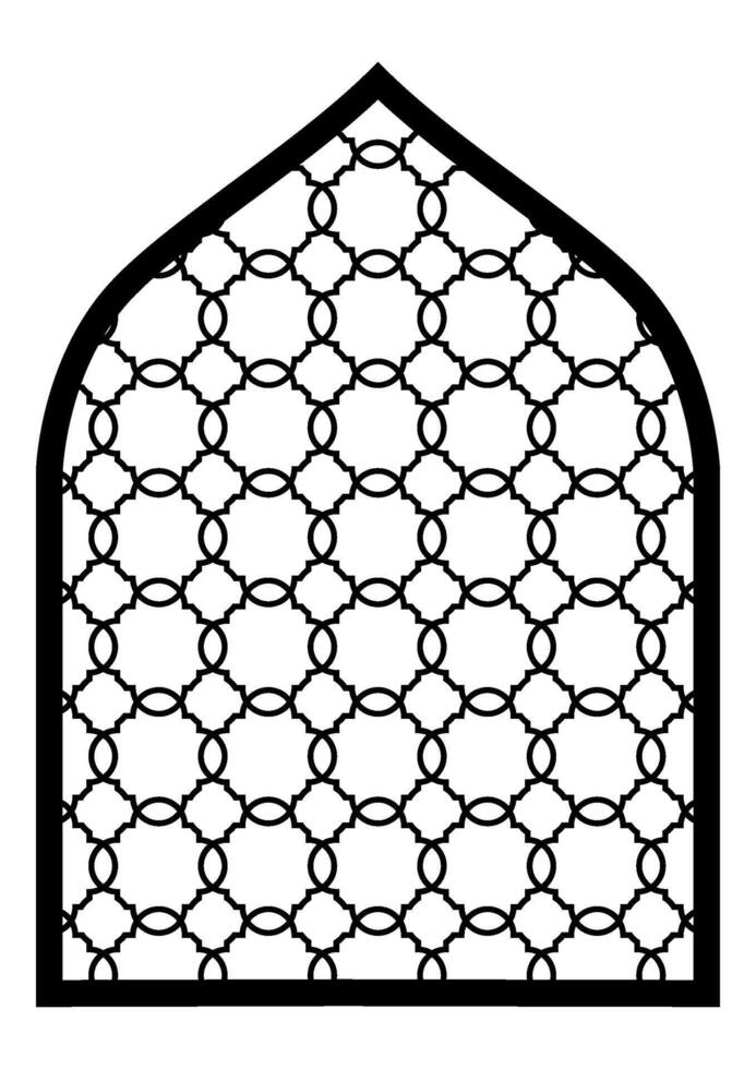 Monochrome arch shape Islamic door, window with geometric arabesque pattern, silhouette Arabic arch. Frame in Arabic Muslim design for Ramadan Kareem, Decorative Grille Ideas, Jali, Wall Separator. vector
