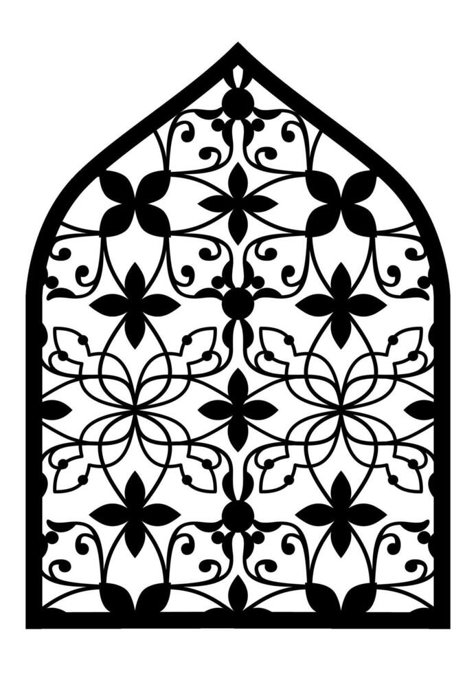 Monochrome arch shape Traditional Indian Mughal door, window with geometric arabesque pattern, silhouette Indian arch. Decorative Grille Ideas, Jali, Wall Separator. Mughal paisley abstract ikat. vector