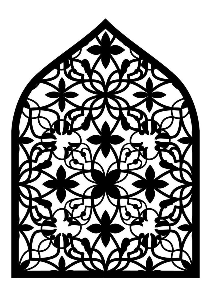 Monochrome arch shape Traditional Indian Mughal door, window with geometric arabesque pattern, silhouette Indian arch. Mughal paisley abstract ikat. Decorative Grille Ideas, Jali, Wall Separator. vector